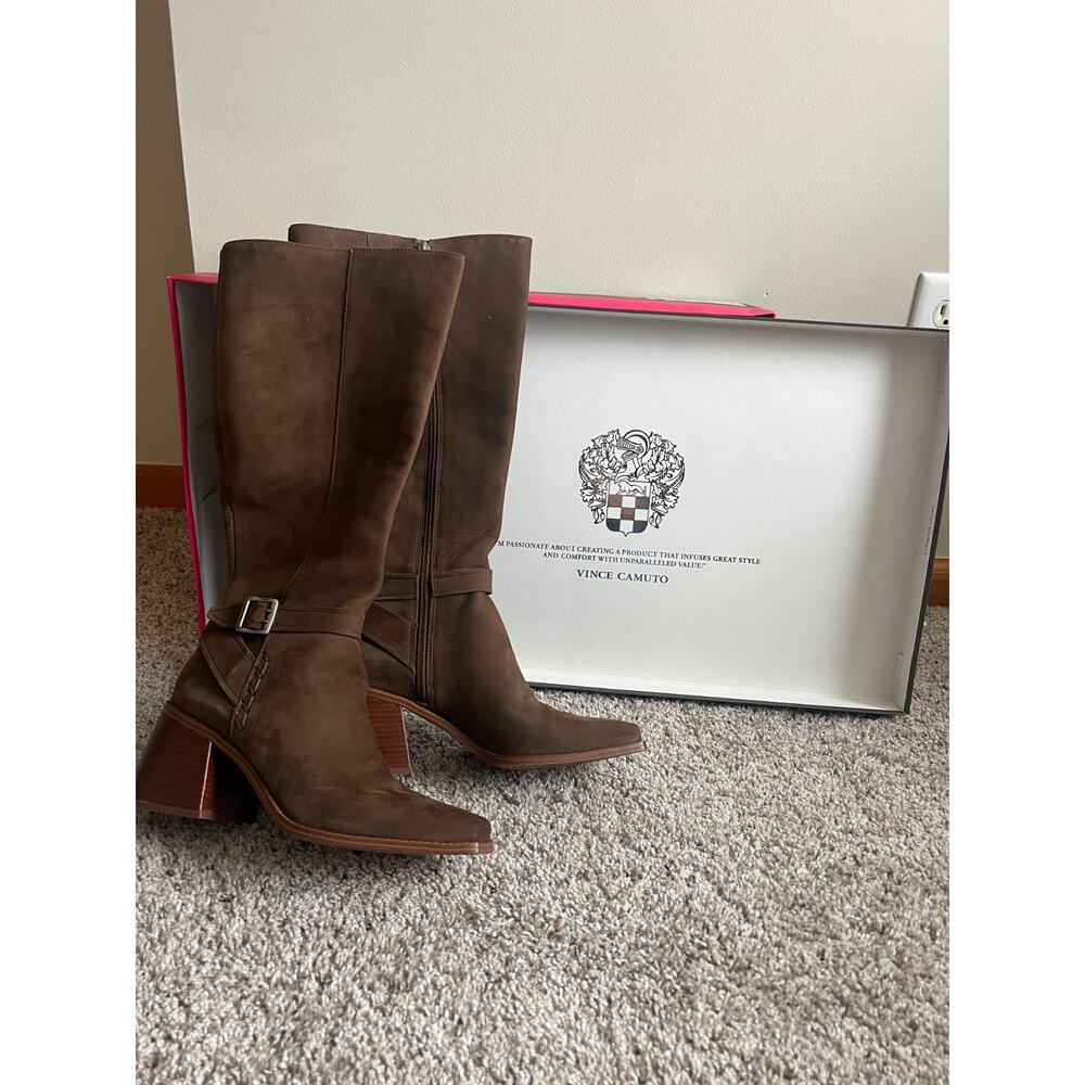 New Vince Camuto Wide Calf Tall Boots Square Toe 9.5 Mink Suede Prep Chunky Heel